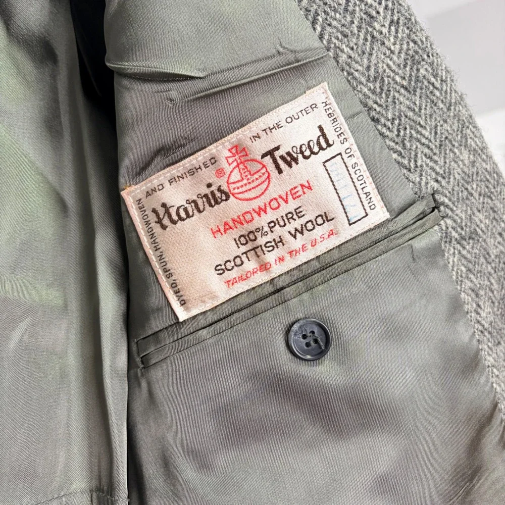 Harris Tweed Grey Herringbone Wool Sport Coat Blazer Young Mans Fancy Union Made